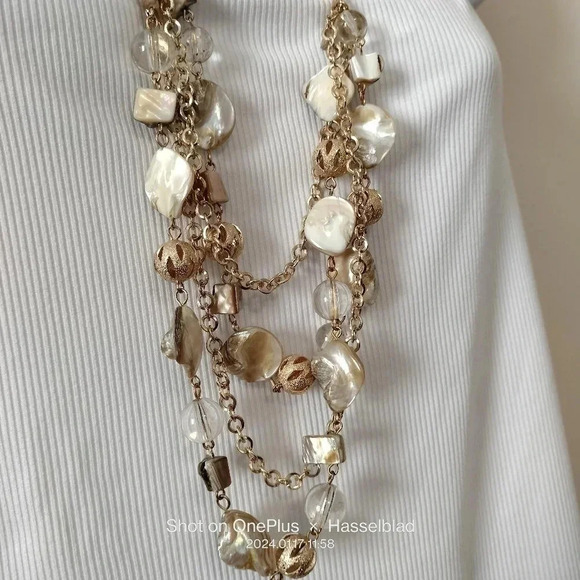 Mother of Pearl and Gold Tone Beads Multi Strand Adjustable Necklace - Picture 1 of 13